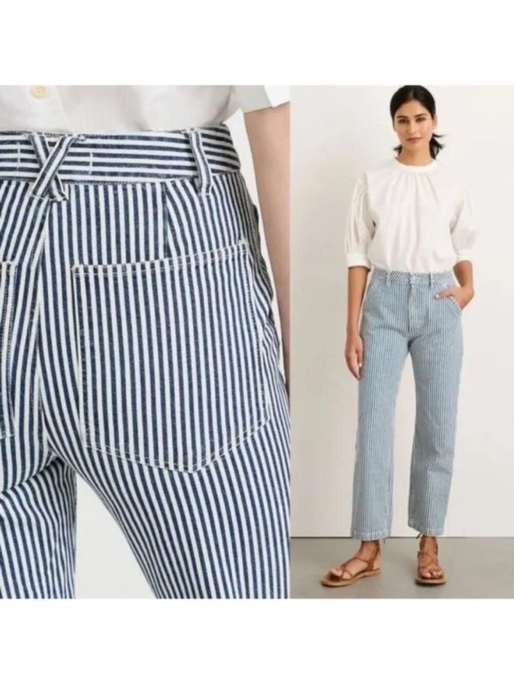 Alex Mill Striped Pants Women 8 Navy White Cotton Straight Leg Railroad Workwear